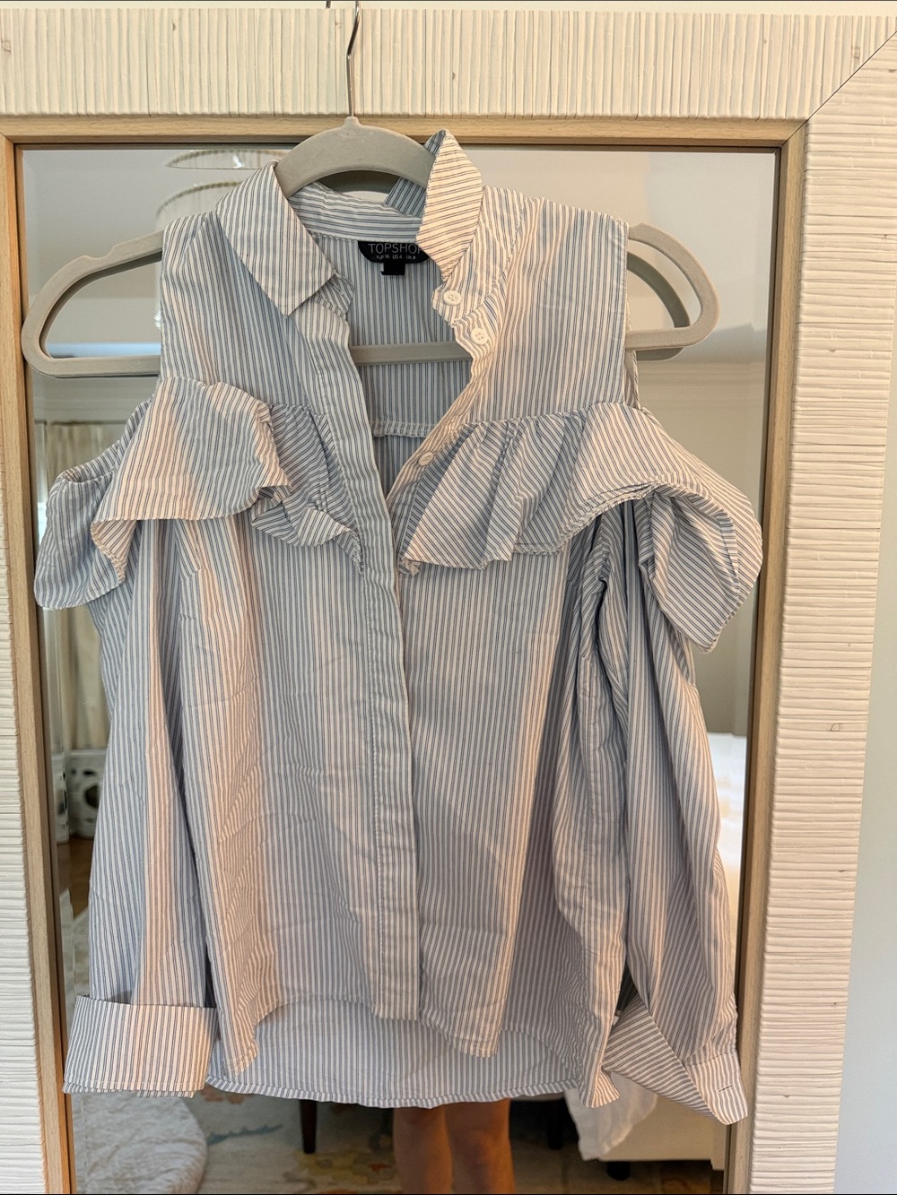 Topshop Light Blue and White Striped Cold-Shoulder Ruffle Button-Down Top